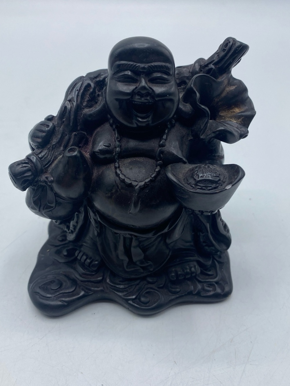 Vintage Buddha Statue Cinnabar Resin Laughing Lucky Coin Buddha 4" Feng Shui